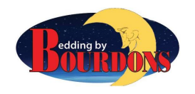 Bourdons Logo: Bedding by Bourdons text in red and white text, with a yellow smiling moon in a blue starry skyPicture